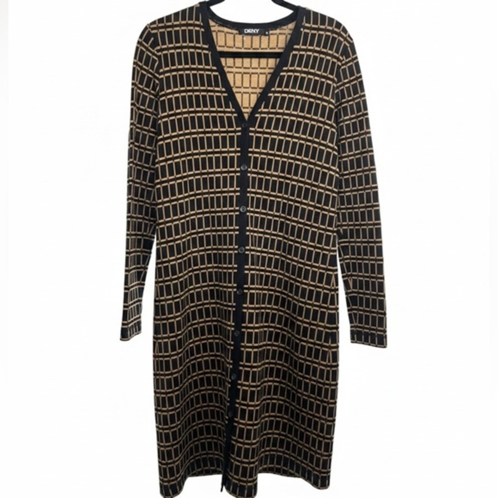 DKNY plaid knit long cardigan sweater • M
